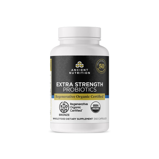 Ancient Nutrition regenerative probiotics bottle pour for easy daily use.