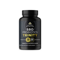 Ancient Nutrition SBO Probiotic Trinity bottle with 60 capsules for daily digestive support.