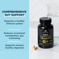 Ancient Nutrition SBO Probiotic Trinity ingredients show a 40B blend for digestive wellness.