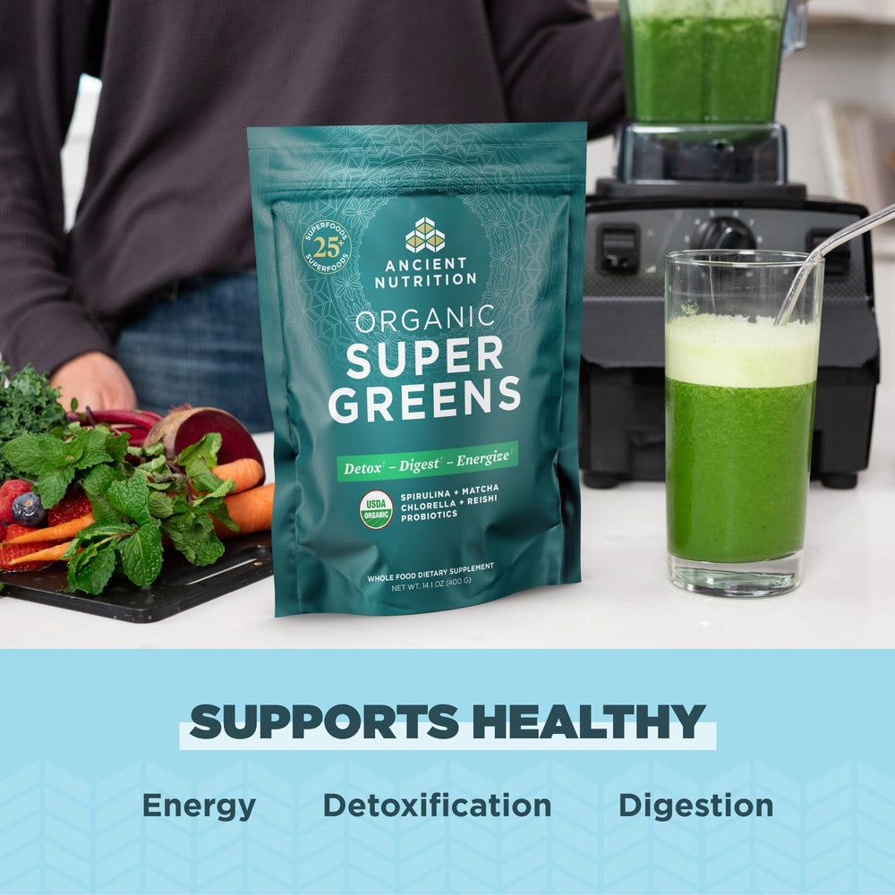 Close-up shot of spirulina and chlorella ingredients in Ancient Nutrition Super Greens blend