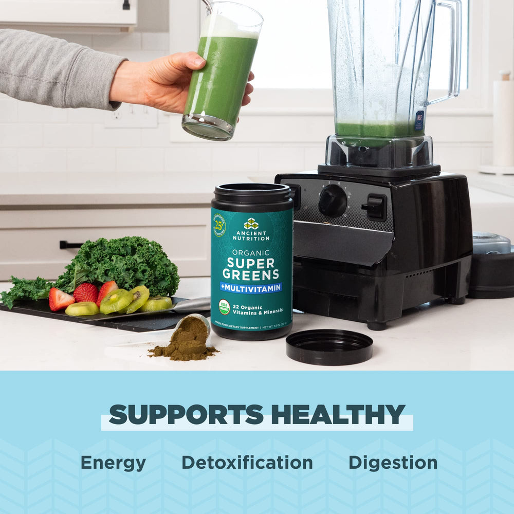 Ancient Nutrition powder in glass cup illustrating easy daily energy support.