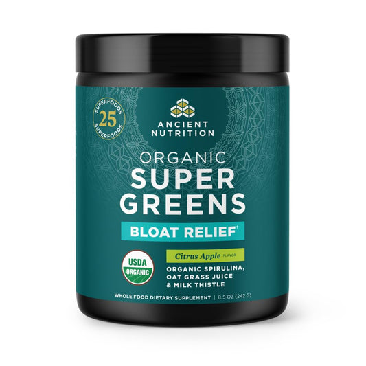 Ancient Nutrition SuperGreens bloat relief tub highlights organic blend for daily gut support.