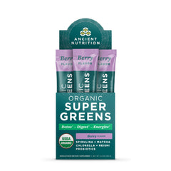 Ancient Nutrition SuperGreens bottle shows organic ingredients and energy support