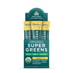 Ancient Nutrition SuperGreens canister with scoop and mango flavor for daily use