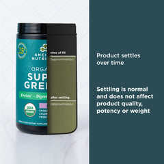 Close-up of bright green Ancient Nutrition SuperGreens powder texture.