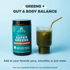 Powder dissolving in water with Ancient Nutrition Supergreens for refreshing hydration.