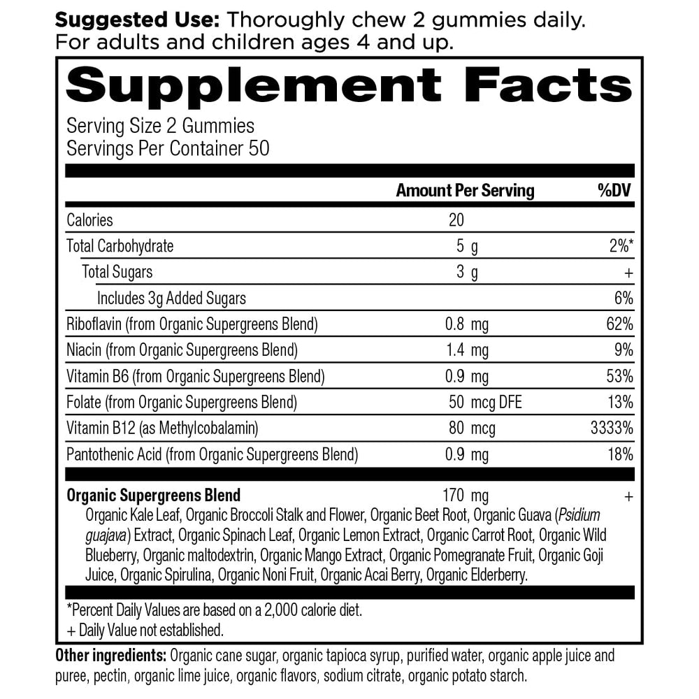 Ancient Nutrition Supergreens Gummies ingredients closeup highlighting organic superfoods