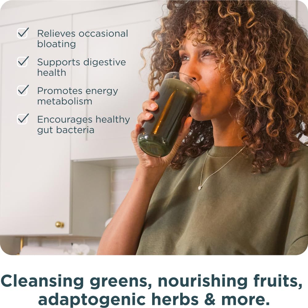 Ancient Nutrition SuperGreens ingredients bowl highlighting 25 organic superfoods