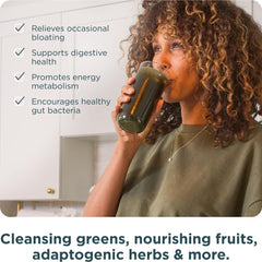 Ingredients panel reveals probiotics, enzymes, and prebiotic fiber for gut balance.
