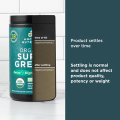 Ancient Nutrition SuperGreens organic fruits and vegetables on the label.