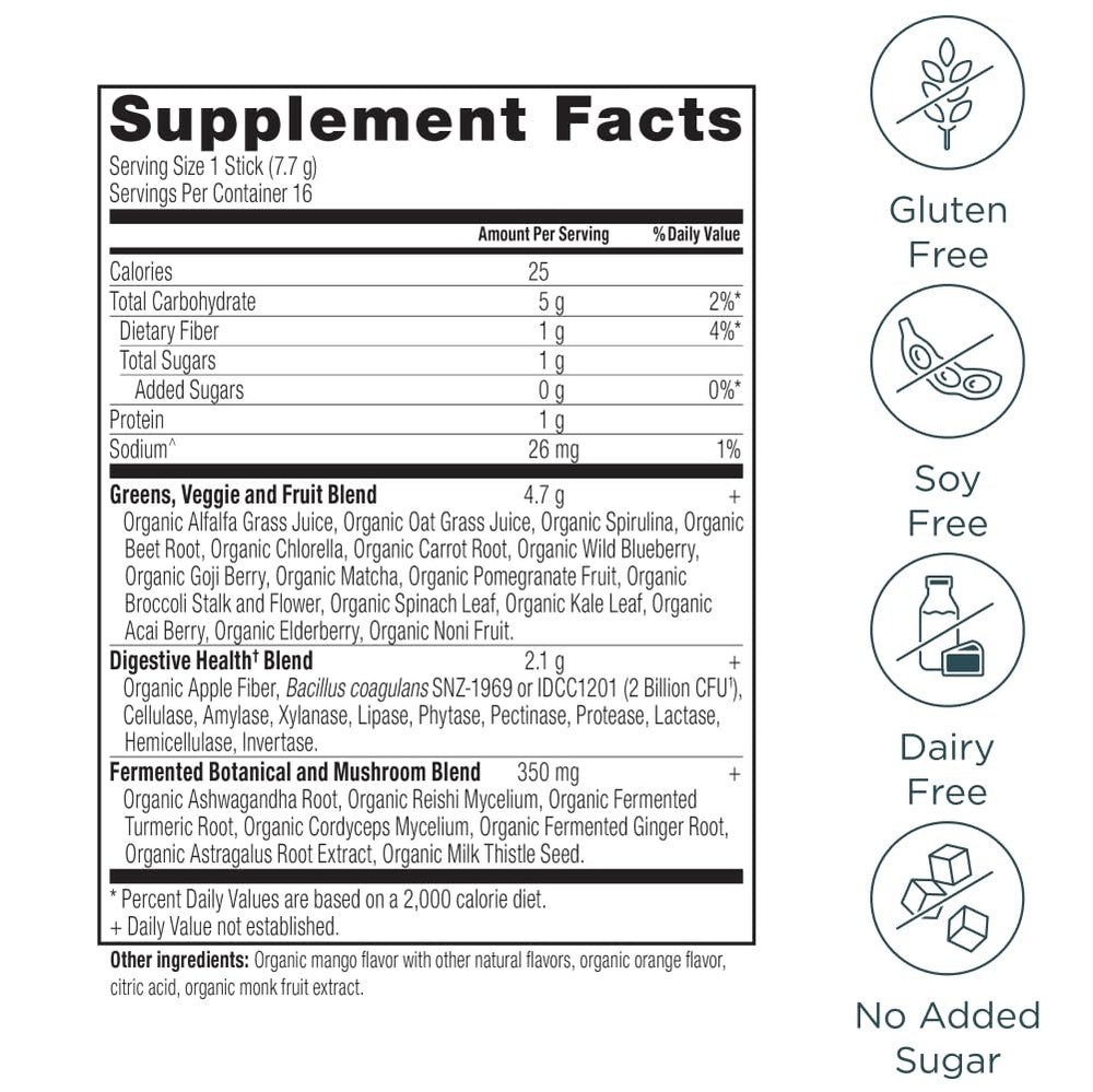 Ancient Nutrition SuperGreens mango flavor poured into a glass for a quick boost