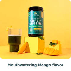 Ancient Nutrition SuperGreens mango shake highlighting tasty greens integration.