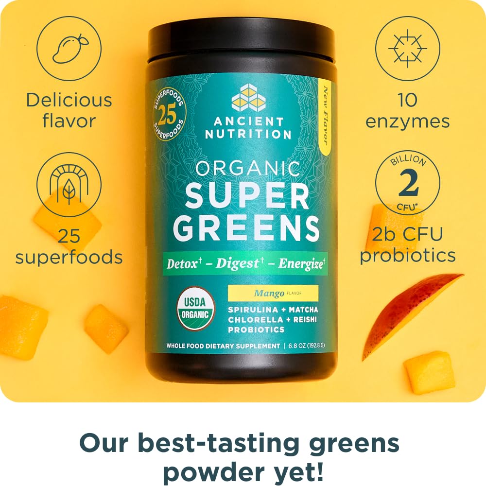 Ancient Nutrition SuperGreens scoop with powder indicating convenient servings.