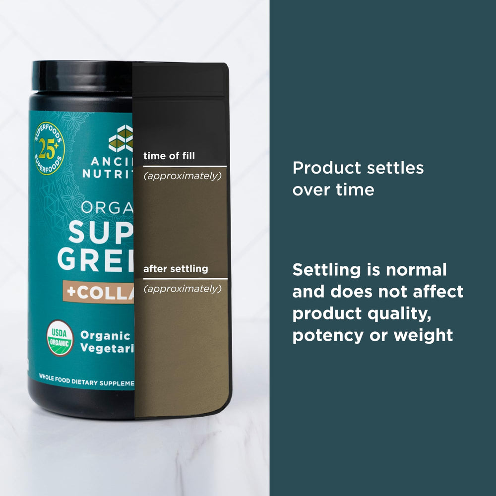 Ancient Nutrition Supergreens label highlights organic certification and U.S. manufacturing