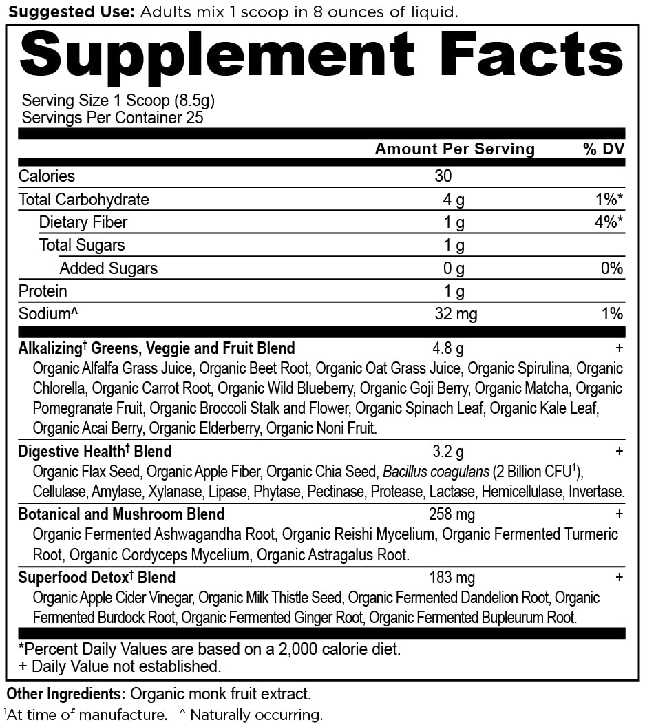 Scoop being poured from Ancient Nutrition Supergreens, convenient daily greens addition.