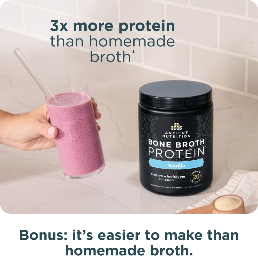 Vanilla flavor scoop in Ancient Nutrition bone broth protein powder for smoothies or warm drinks