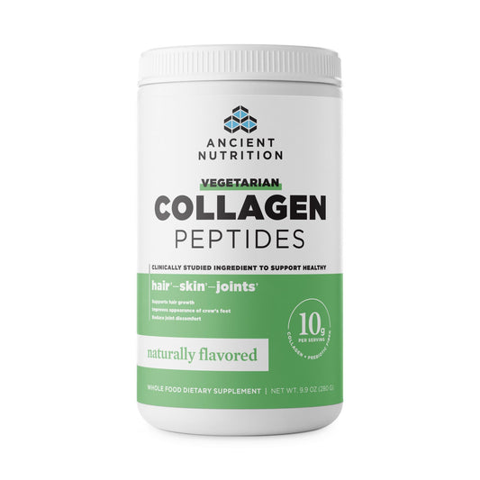 Ancient Nutrition Vegetarian Collagen Peptides tub for skin and joint support when blended.