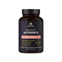 Ancient Nutrition Vitamin B Complex bottle front displaying branding for everyday energy support.