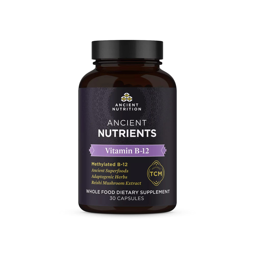 Ancient Nutrition Vitamin B12 supplement bottle showing energy-supporting capsules