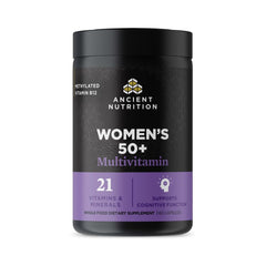 Ancient Nutrition Women’s 50+ multivitamin bottle closeup supports menopause management.