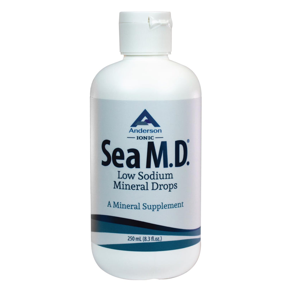 Anderson Sea M.D. bottle pouring mineral drops into water for hydration support.