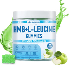 Andmino HMB Leucine Gummies bottle front, convenient muscle support.