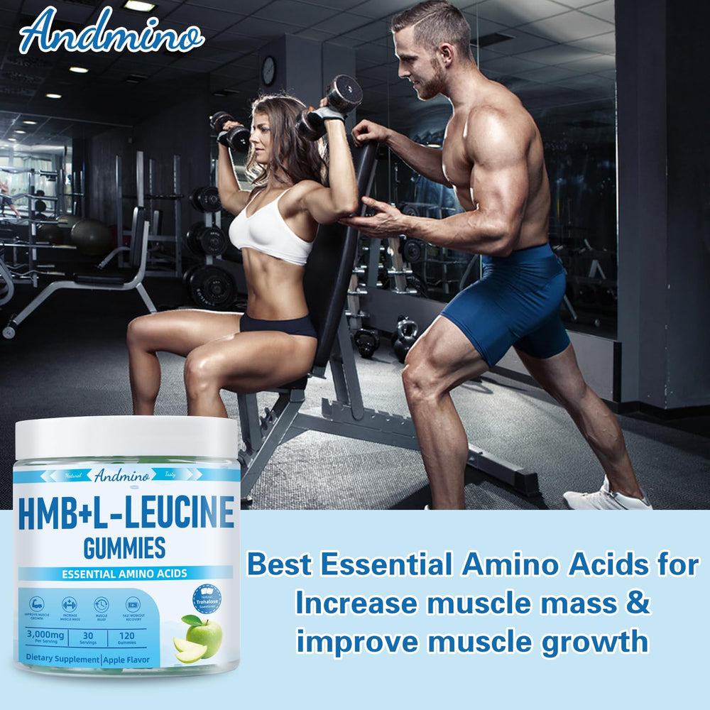 Andmino HMB Leucine Gummies jar showing 120-count supply.