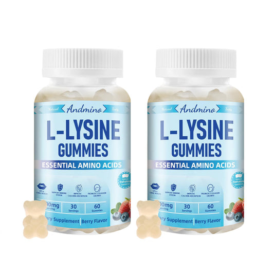 Andmino L-Lysine Gummies 1000 mg bottle label showing convenient daily support.