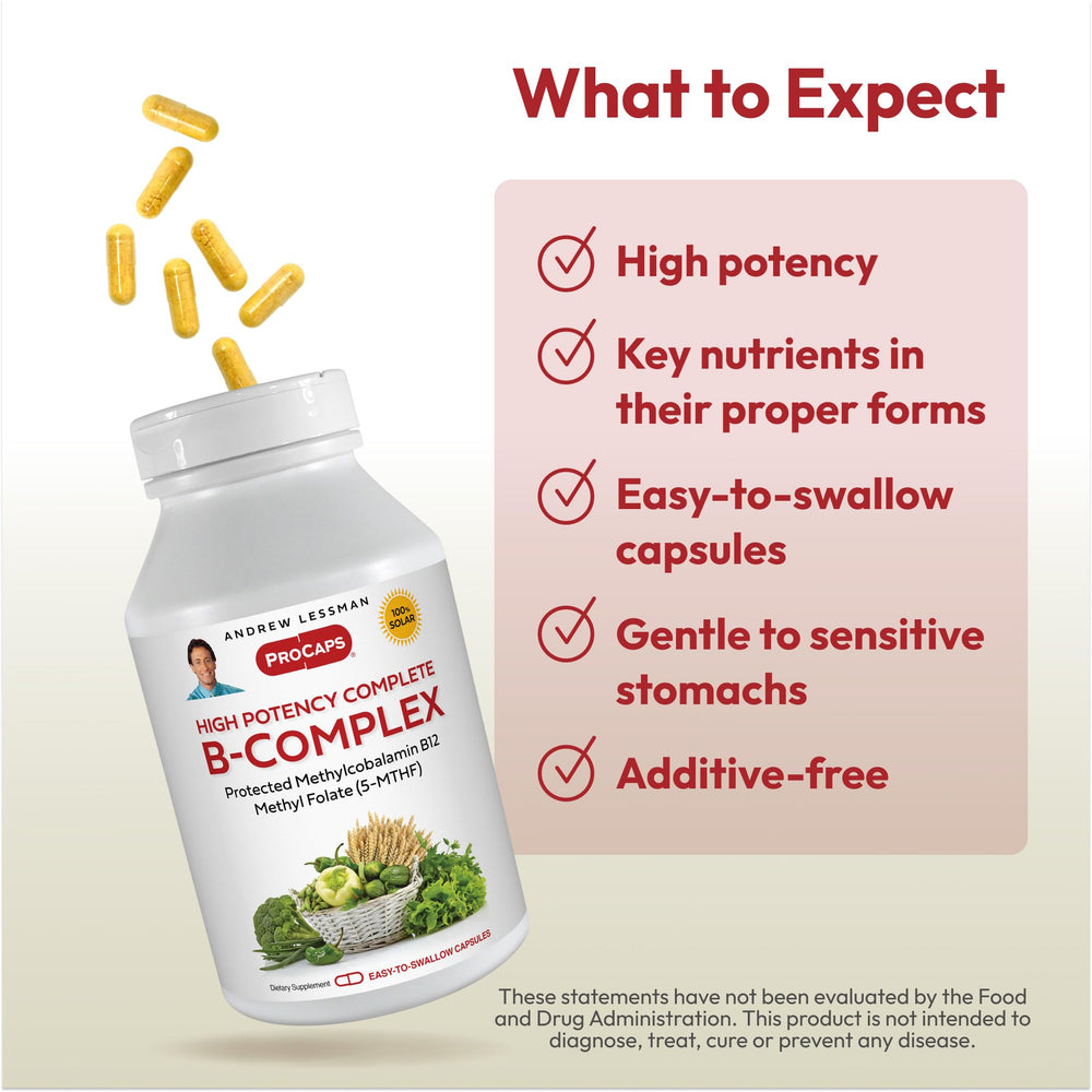 ANDREW LESSMAN B-Complex ingredients on glass highlight clean, allergen-free formula.