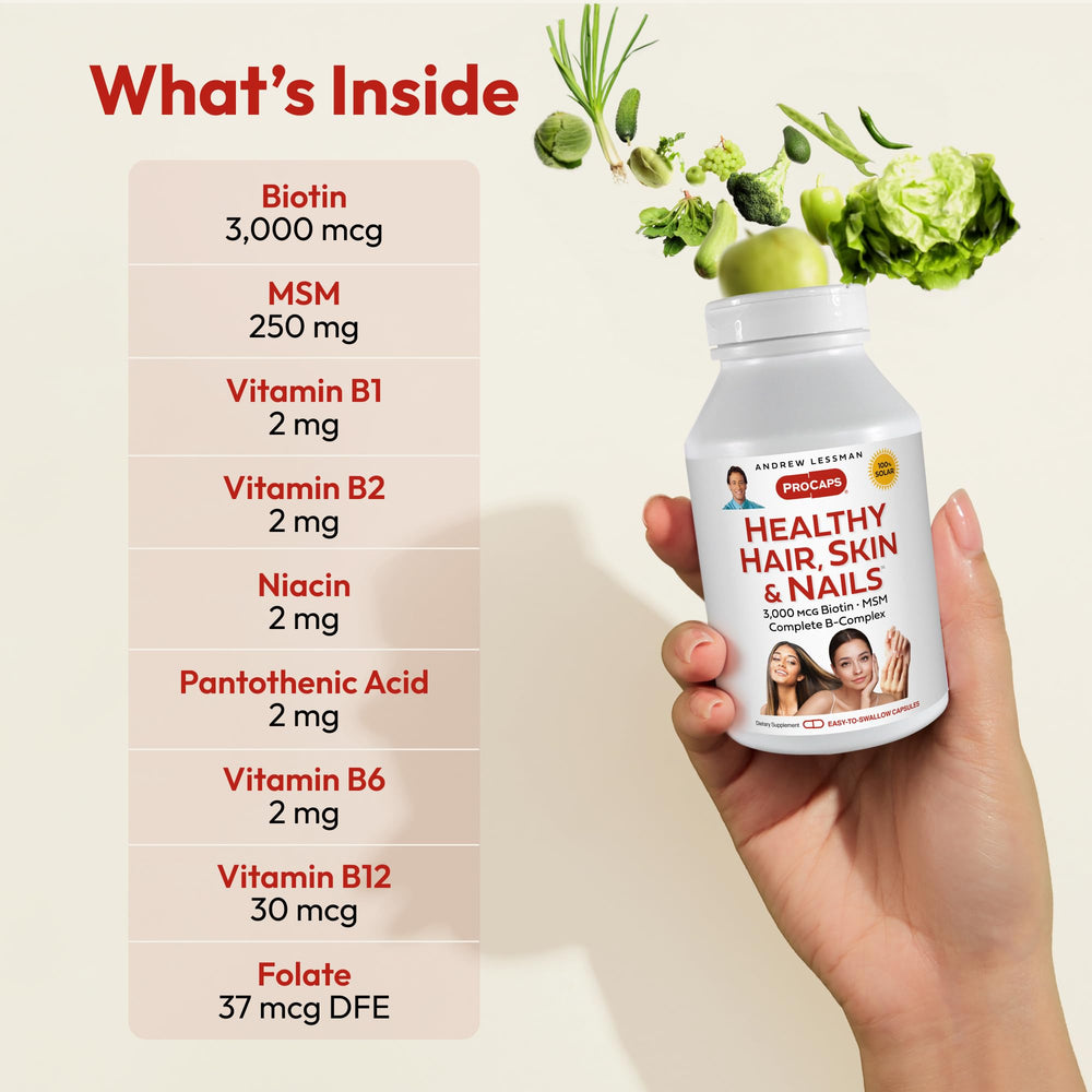 Andrew Lessman Biotin 3000mcg active form closeup highlighting nutrient-rich formula.