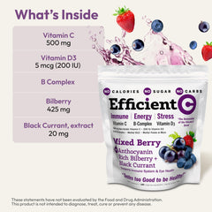Andrew Lessman Efficient C Mixed Berry bottle label closeup highlights non-acidic vitamin C.