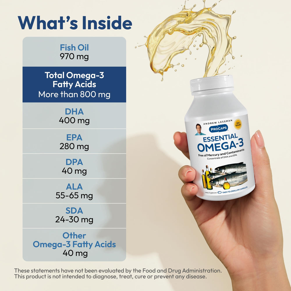ANDREW LESSMAN Essential Omega-3 bottle label detail emphasizes purity and lack of contaminants