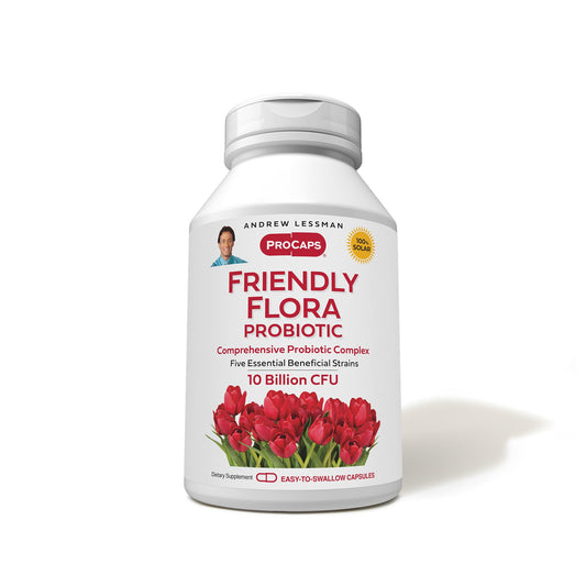 Andrew Lessman Friendly Flora bottle label front promoting balance with a five-strain probiotic.