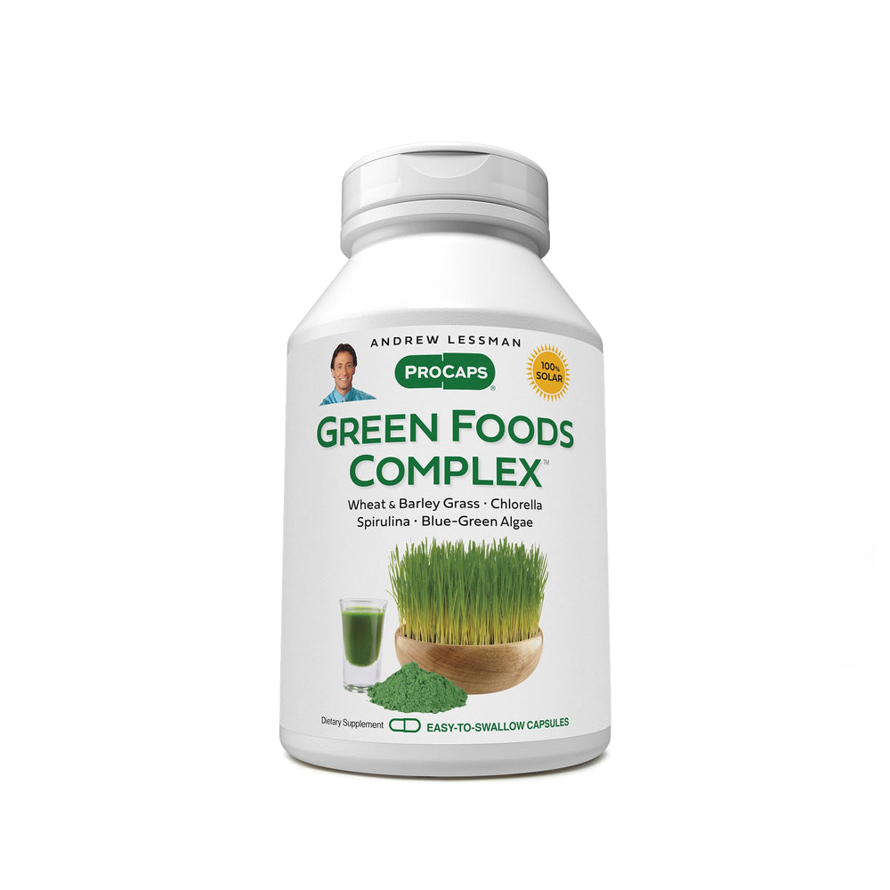 ANDREW LESSMAN Green Foods Complex bottle on kitchen counter supports daily greens.