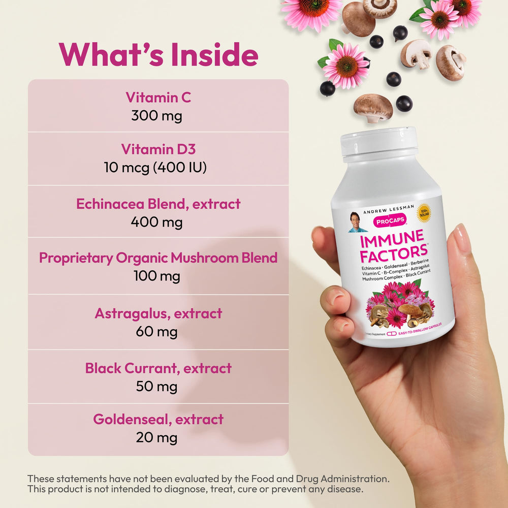 Label detail of Andrew Lessman Immune Factors 360 showing ingredients and profile