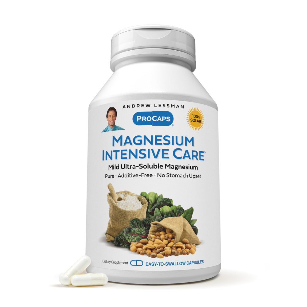 Andrew Lessman Magnesium Intensive Care bottle front, convenient daily supplement for nerves and muscles.