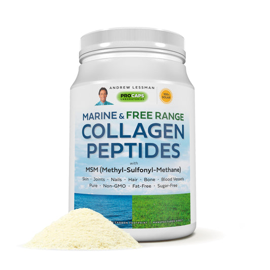 Andrew Lessman Marine Collagen Peptides bottle promotes joint support.