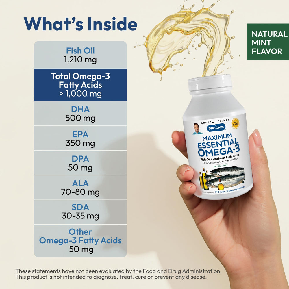 Andrew Lessman Maximum Essential Omega-3 Mint label detail highlights DHA EPA DPA blend
