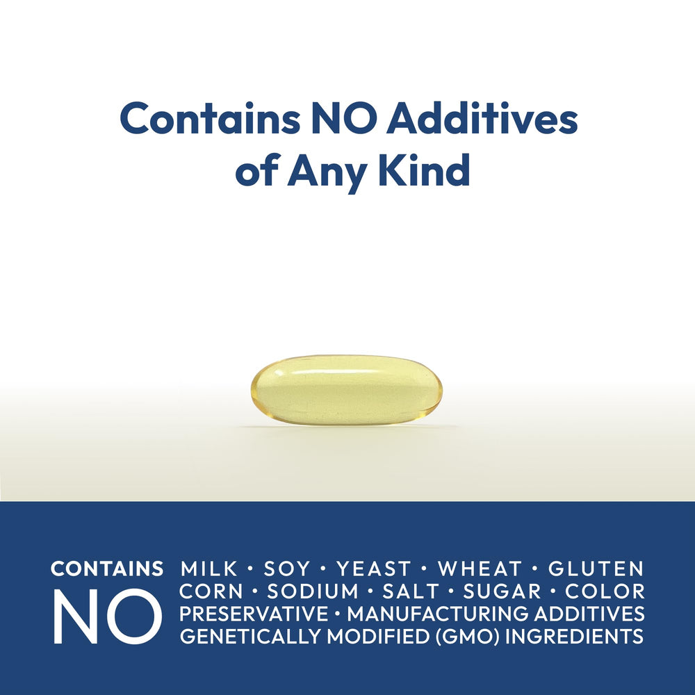 Softgels closeup shows small capsules with no aftertaste.