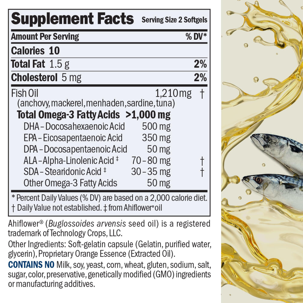 Andrew Lessman Omega-3 softgels closeup illustrates small, easy-to-swallow capsules with no fishy aftertaste.