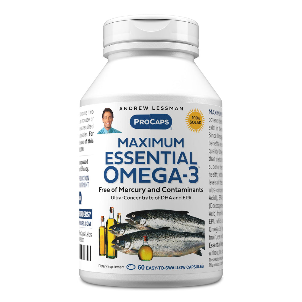 Andrew Lessman Maximum Essential Omega-3 bottle front with compact capsules for daily support.