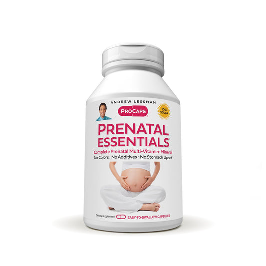 Andrew Lessman Prenatal Essentials bottle front shows additive-free, gentle prenatal support.