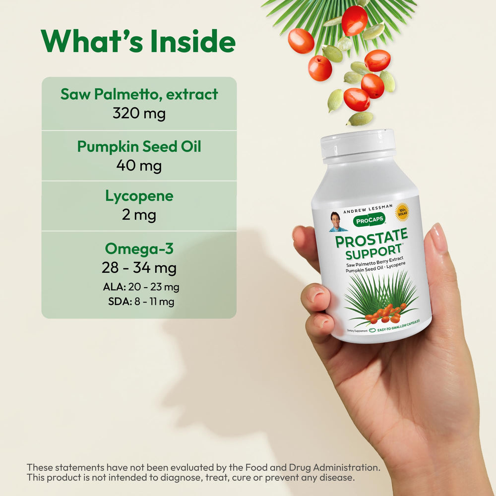 Andrew Lessman Prostate Softgels bottle pour shows easy to swallow capsules for daily use.