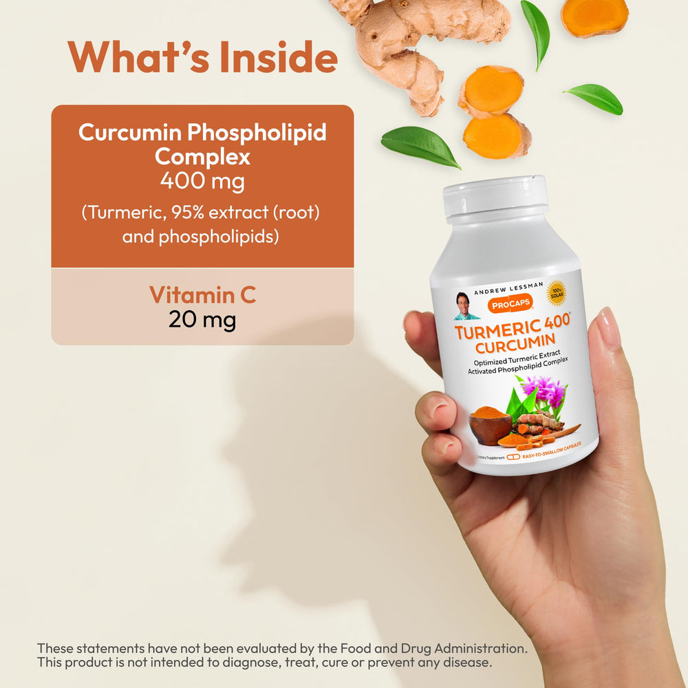 Andrew Lessman Turmeric 400mg bottle pour illustrating smooth dispensing into daily routine.
