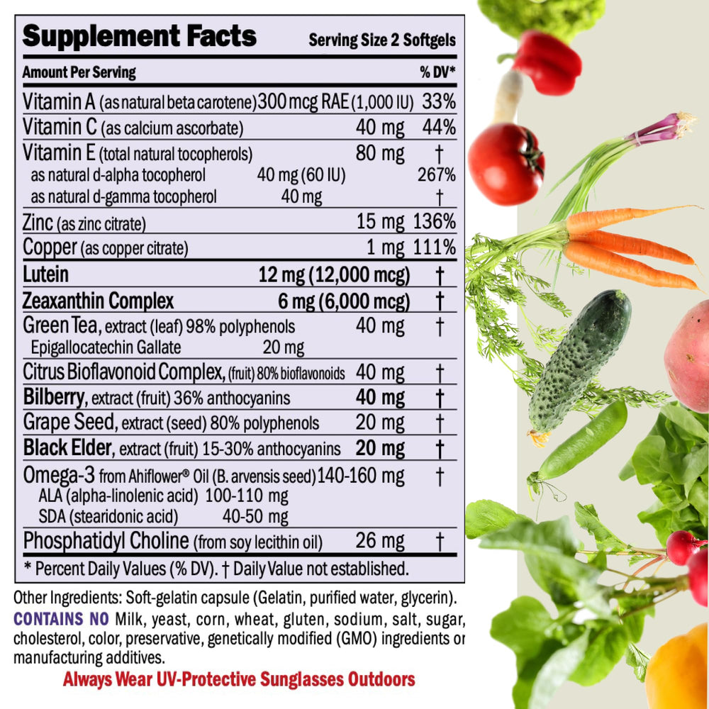Andrew Lessman Ultimate Eye Support label closeup highlights pure, allergen-free formula for easy digestion.