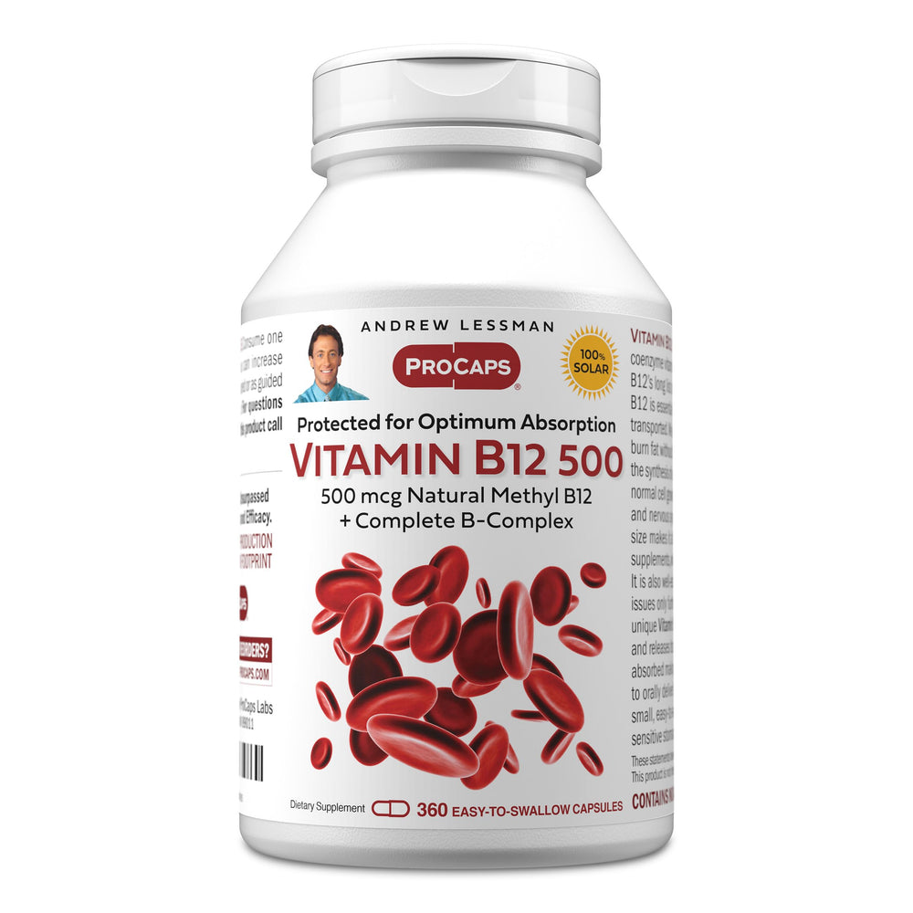 Andrew Lessman Vitamin B12 bottle with 500 mcg methylcobalamin for natural energy support.