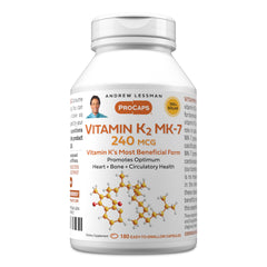 Andrew Lessman Vitamin K2 MK7 softgels bottle front showing compact capsules for calcium metabolism support.