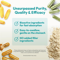 Softgels poured from bottle emphasize compact, easy-to-take capsules.