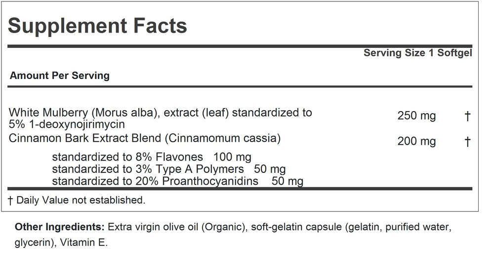 Andrew Lessman White Mulberry Leaf Cinnamon softgels label close-up showing clear ingredients.