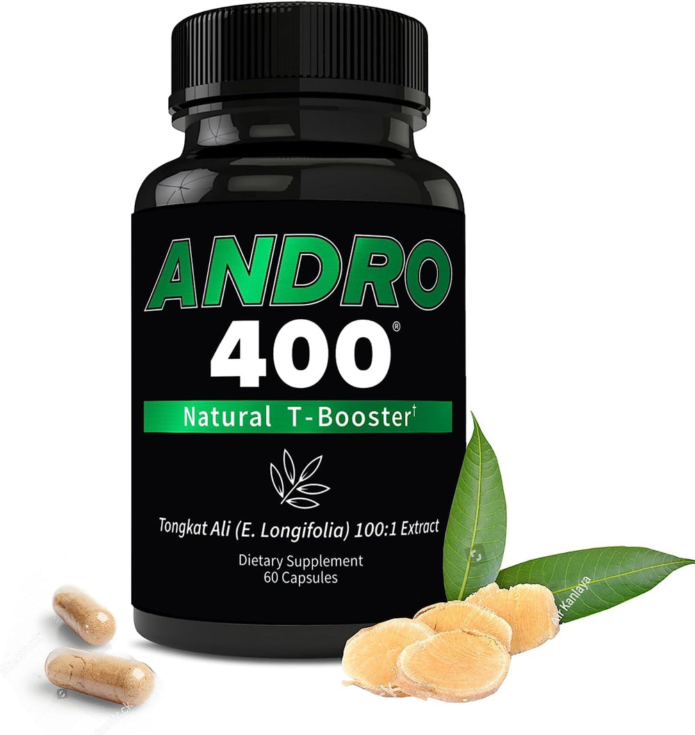 Andro400 bottle with Tongkat Ali 100:1 extract highlights daily vitality and potency.